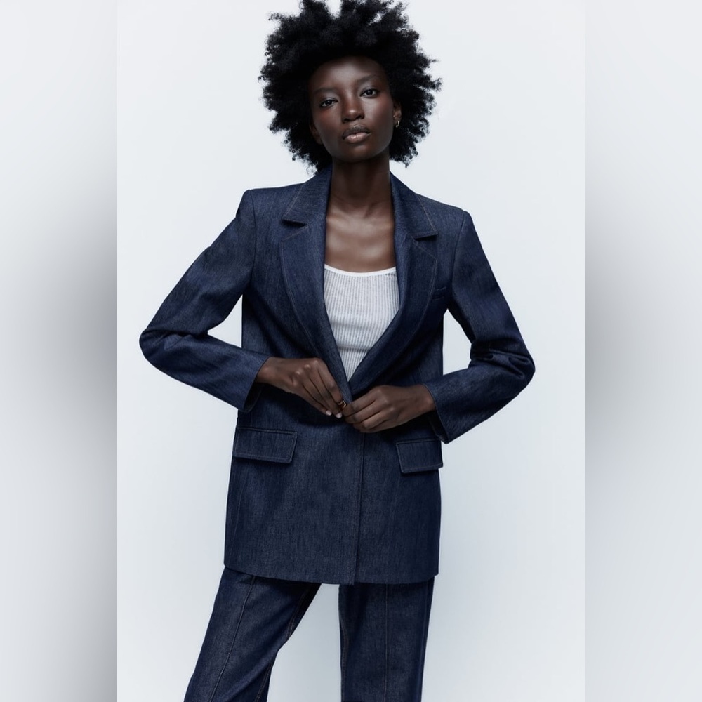 Zara Set - Golden Button Blazer Denim & High Rise Front Sean Z1975 Jeans - Picture 9 of 16